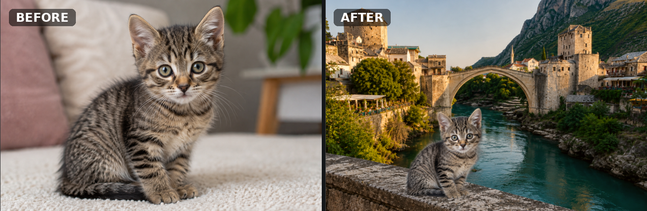 Before and after: a kitten photo with its background replaced by a custom image of Stari Most in Mostar