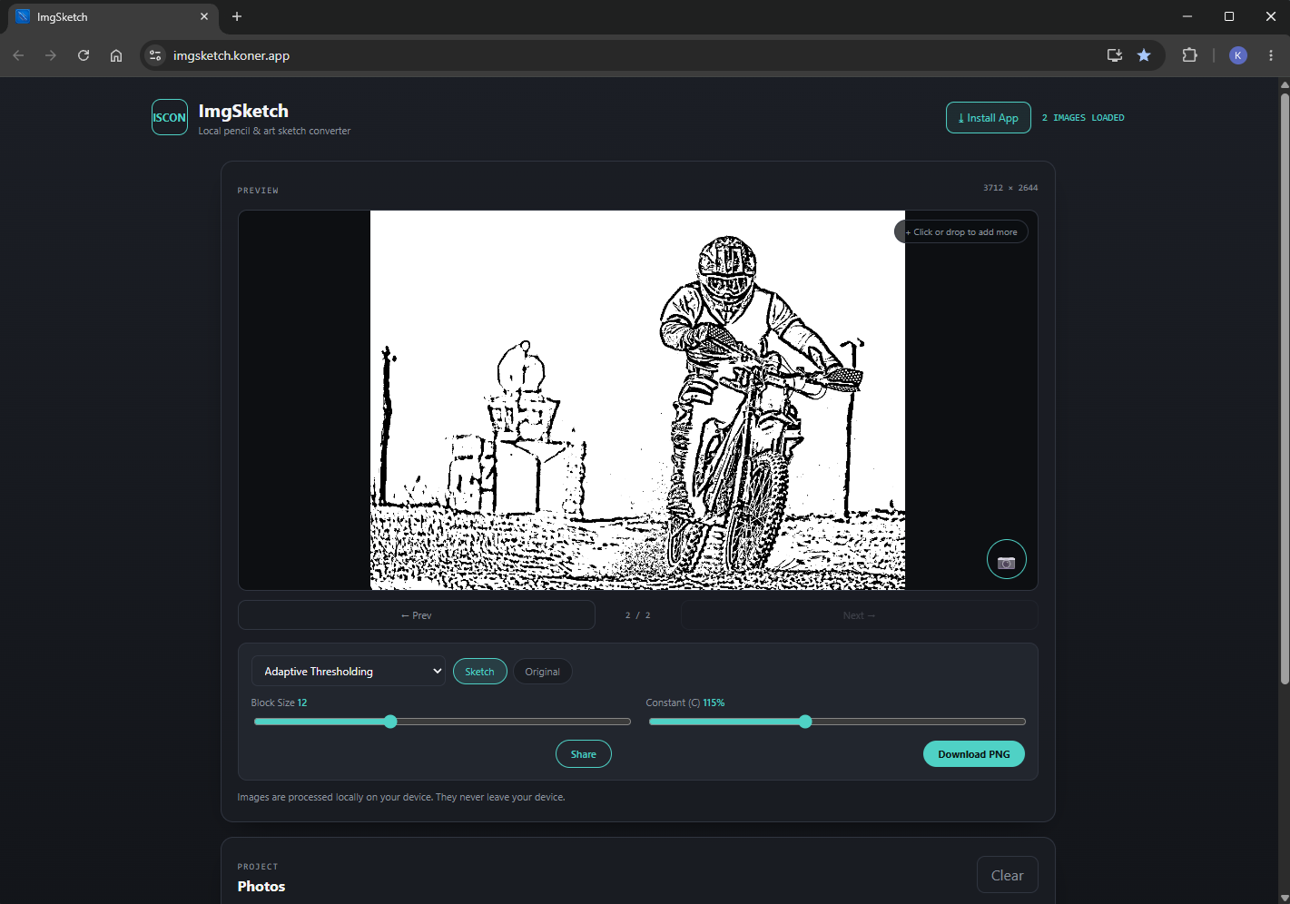 ImgSketch interface showing motorcycle photo transformed into a pencil sketch