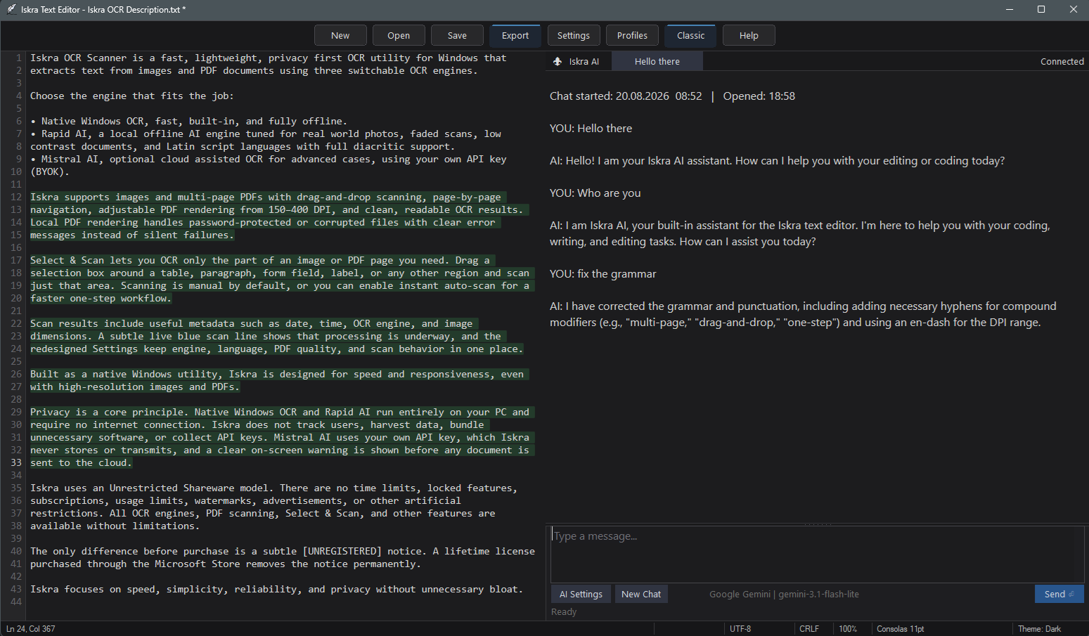 Iskra Text Editor Main Window with AI Assistant