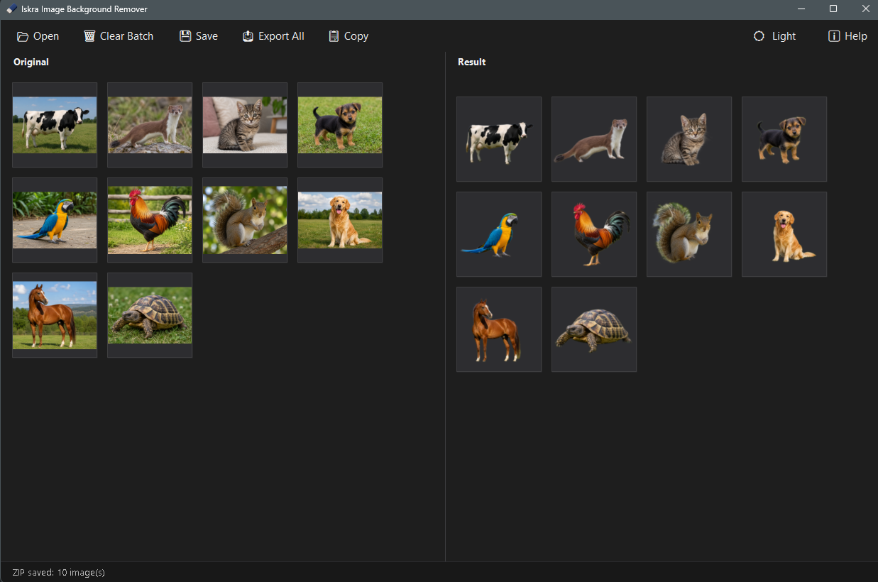 Iskra Image Background Remover batch mode showing a grid of original and background-removed animal photos