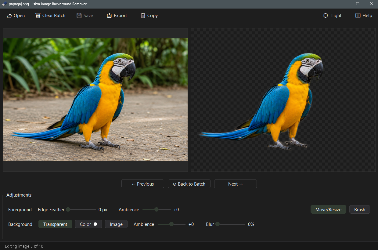 Iskra Image Background Remover batch mode editing an individual image with edge feather and background adjustment controls