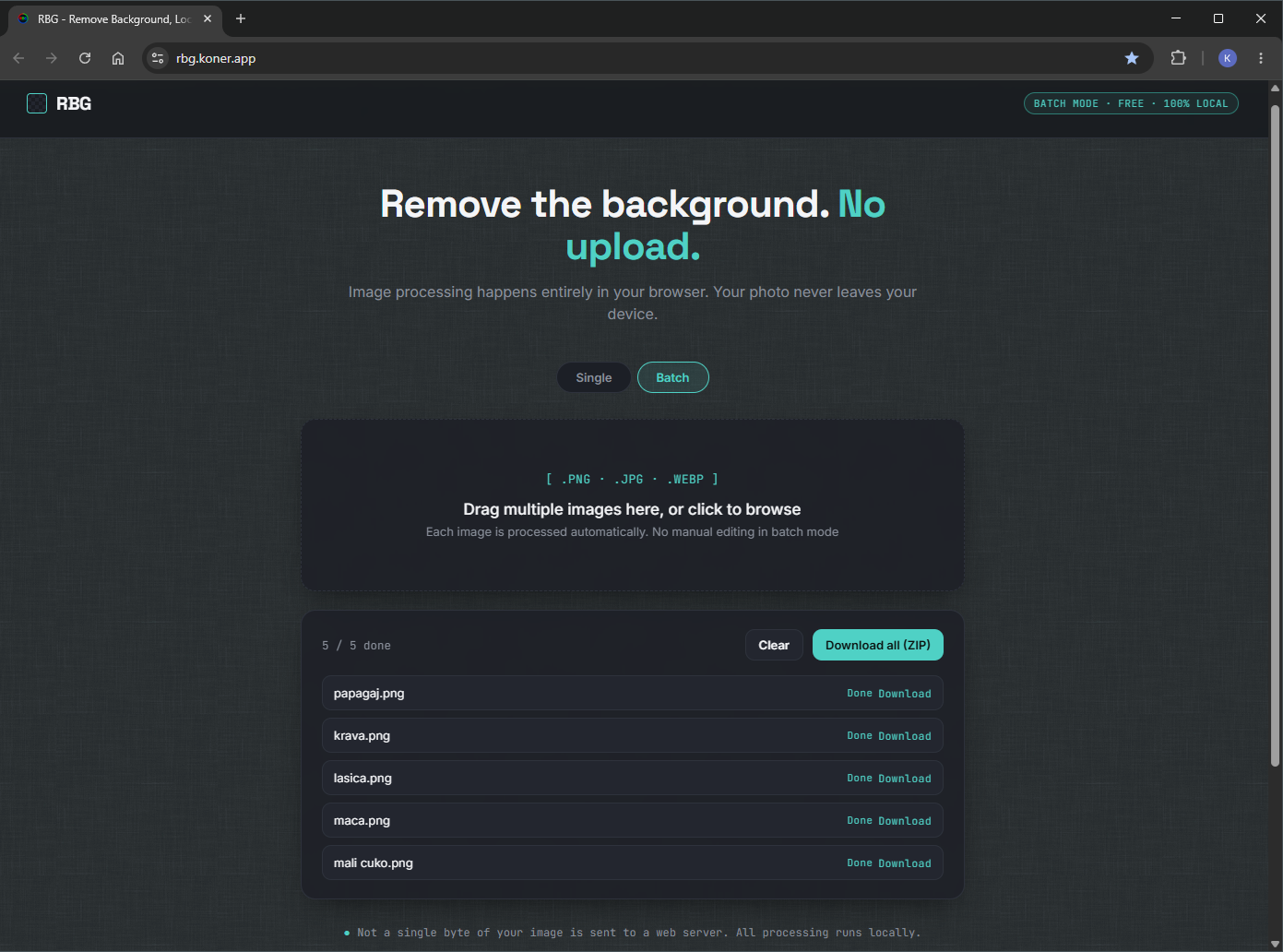 Koner RBG batch mode showing multiple images with backgrounds removed