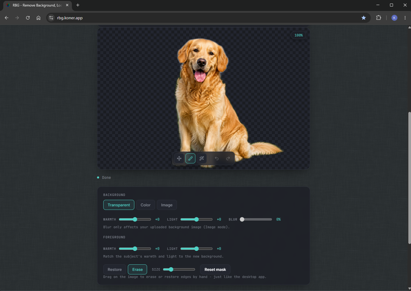rbg.koner.app single image editing mode interface